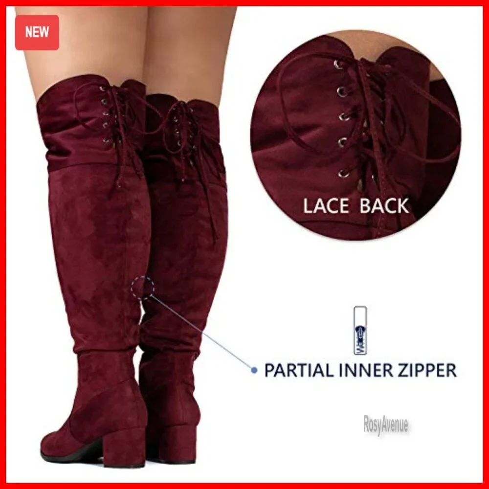 Wide Calf Over The Knee Boots Block Heel Stretchy Plus Size Friendly